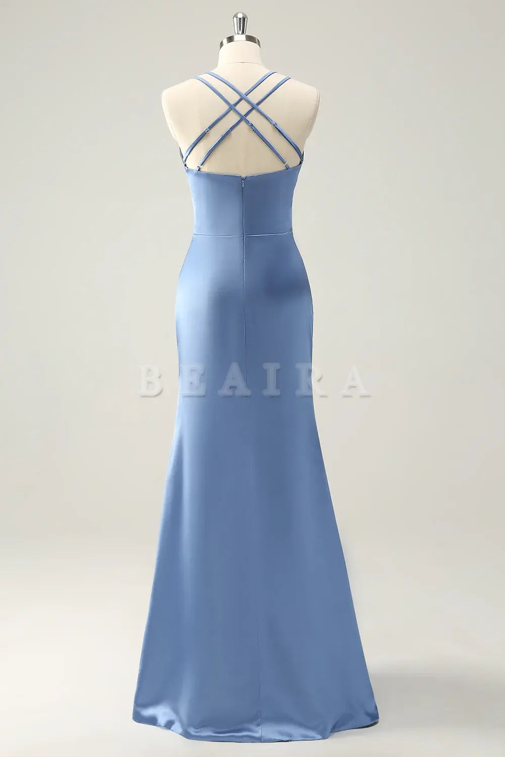 Beaira Blue Mermaid Spaghetti Straps Long Satin Bridesmaid Dress with Slit Bridesmaid dress shop