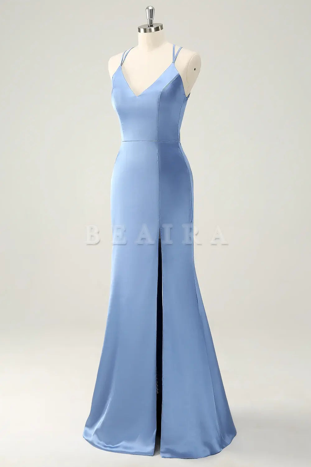 Beaira Blue Mermaid Spaghetti Straps Long Satin Bridesmaid Dress with Slit Bridesmaid dress shop