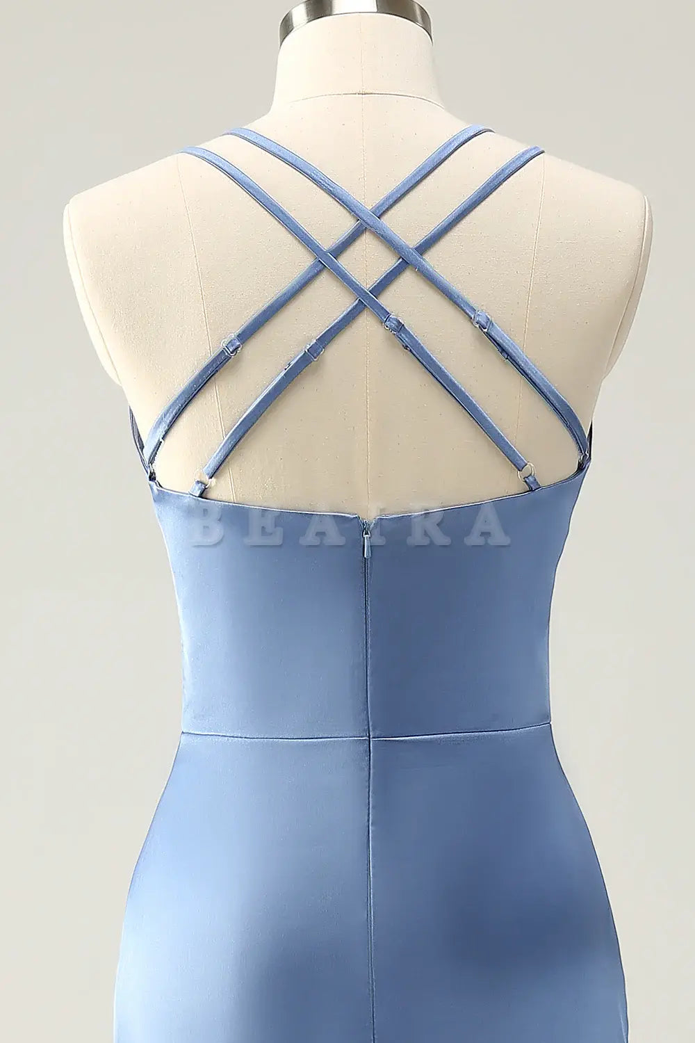 Beaira Blue Mermaid Spaghetti Straps Long Satin Bridesmaid Dress with Slit Bridesmaid dress shop