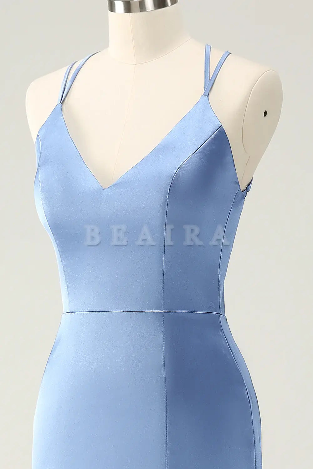 Beaira Blue Mermaid Spaghetti Straps Long Satin Bridesmaid Dress with Slit Bridesmaid dress shop
