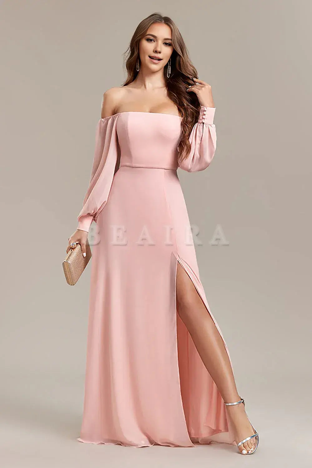Beaira Blush A-Line Off the Shoulder Long Wedding Guest Dress with Slit Bridesmaid dress shop