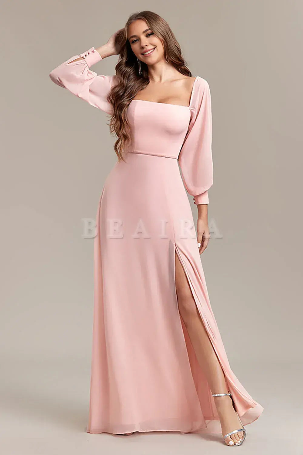 Beaira Blush A-Line Off the Shoulder Long Wedding Guest Dress with Slit Bridesmaid dress shop