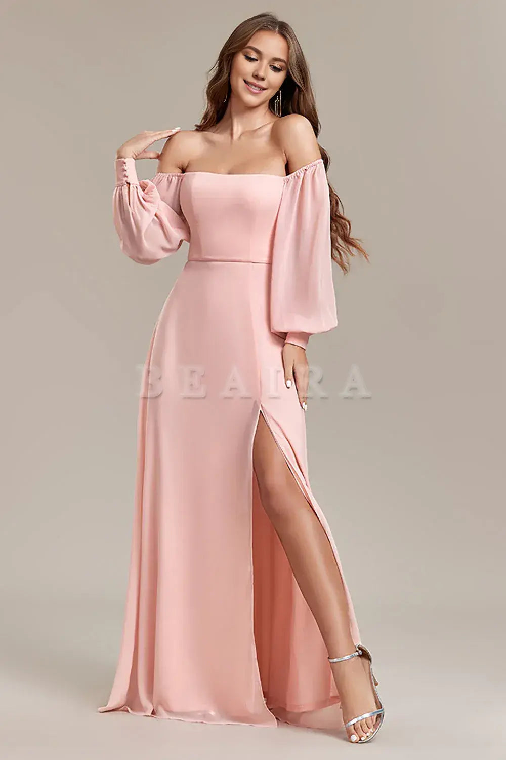 Beaira Blush A-Line Off the Shoulder Long Wedding Guest Dress with Slit Bridesmaid dress shop