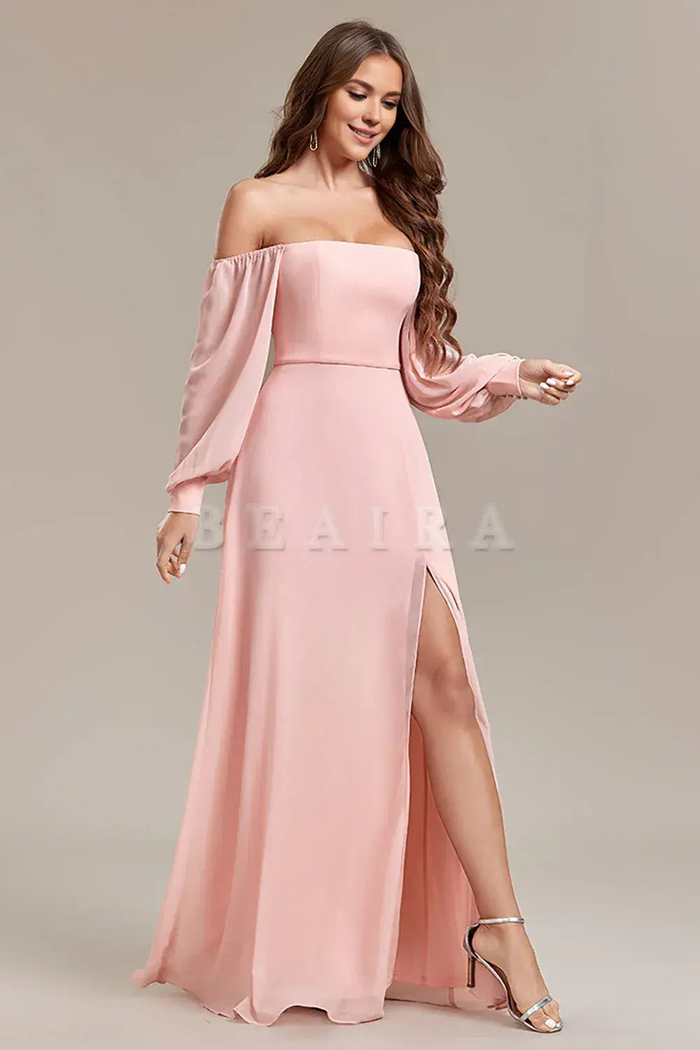 Beaira Blush A-Line Off the Shoulder Long Wedding Guest Dress with Slit Bridesmaid dress shop