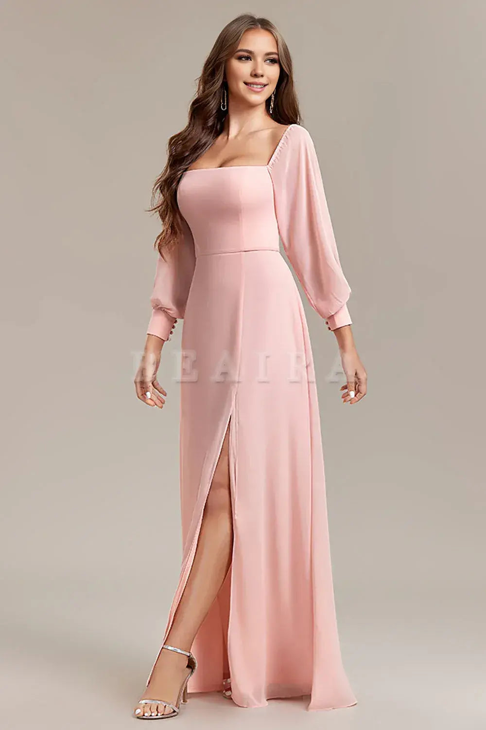 Beaira Blush A-Line Off the Shoulder Long Wedding Guest Dress with Slit Bridesmaid dress shop