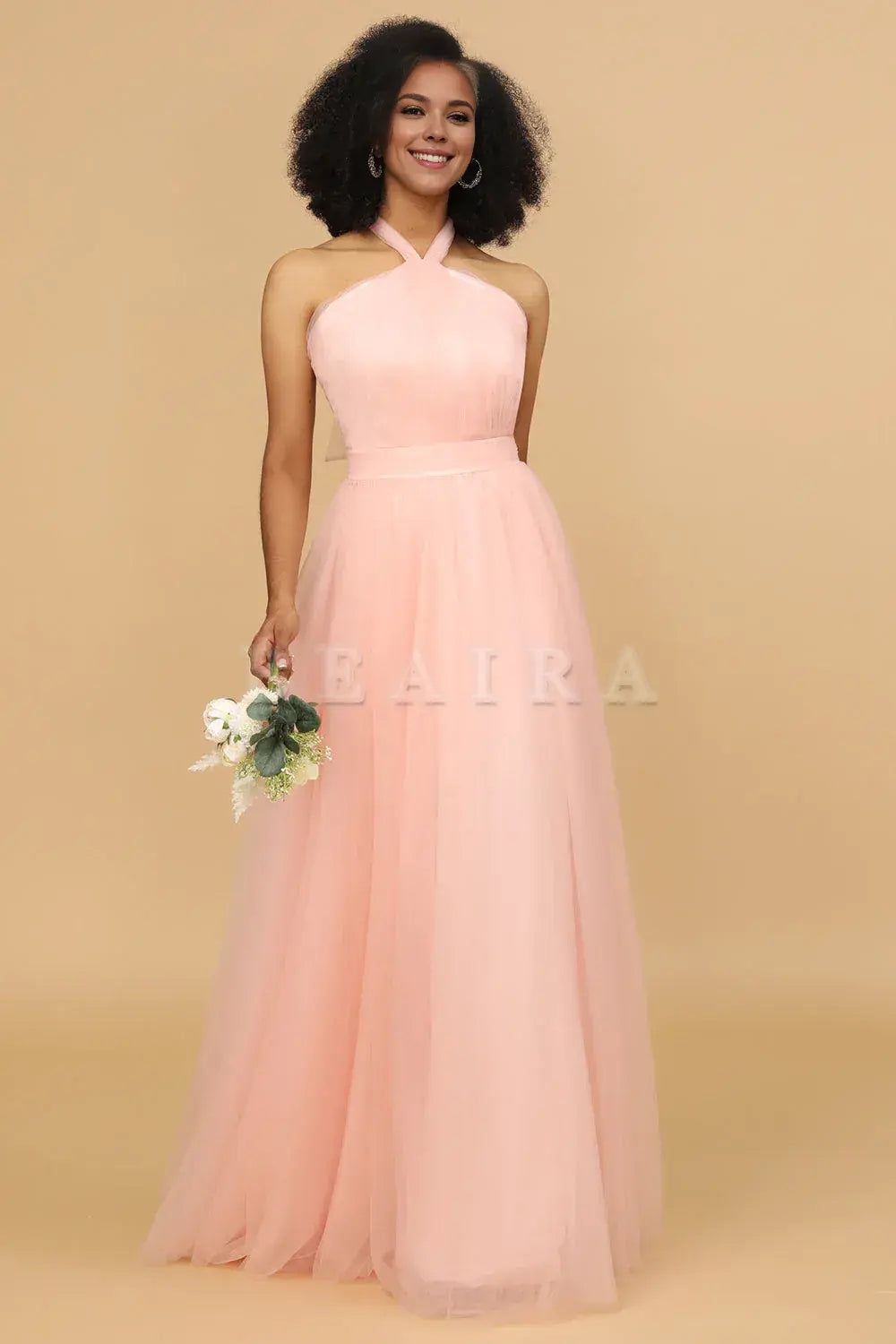 Beaira Blush A Line Halter Floor Length Tulle Bridesmaid Dress Bridesmaid dress shop