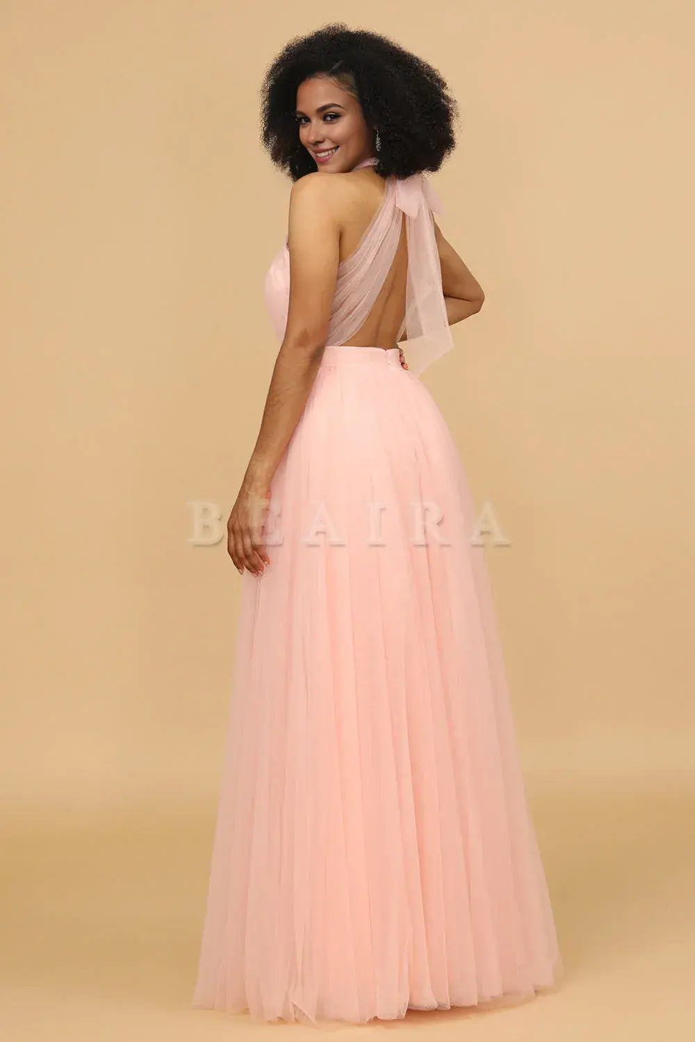 Beaira Blush A Line Halter Floor Length Tulle Bridesmaid Dress Bridesmaid dress shop