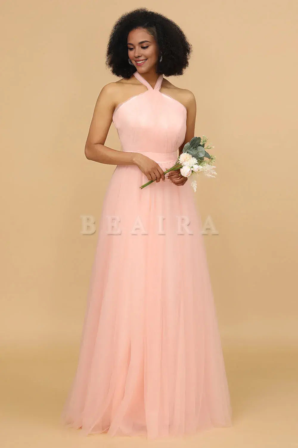 Beaira Blush A Line Halter Floor Length Tulle Bridesmaid Dress Bridesmaid dress shop