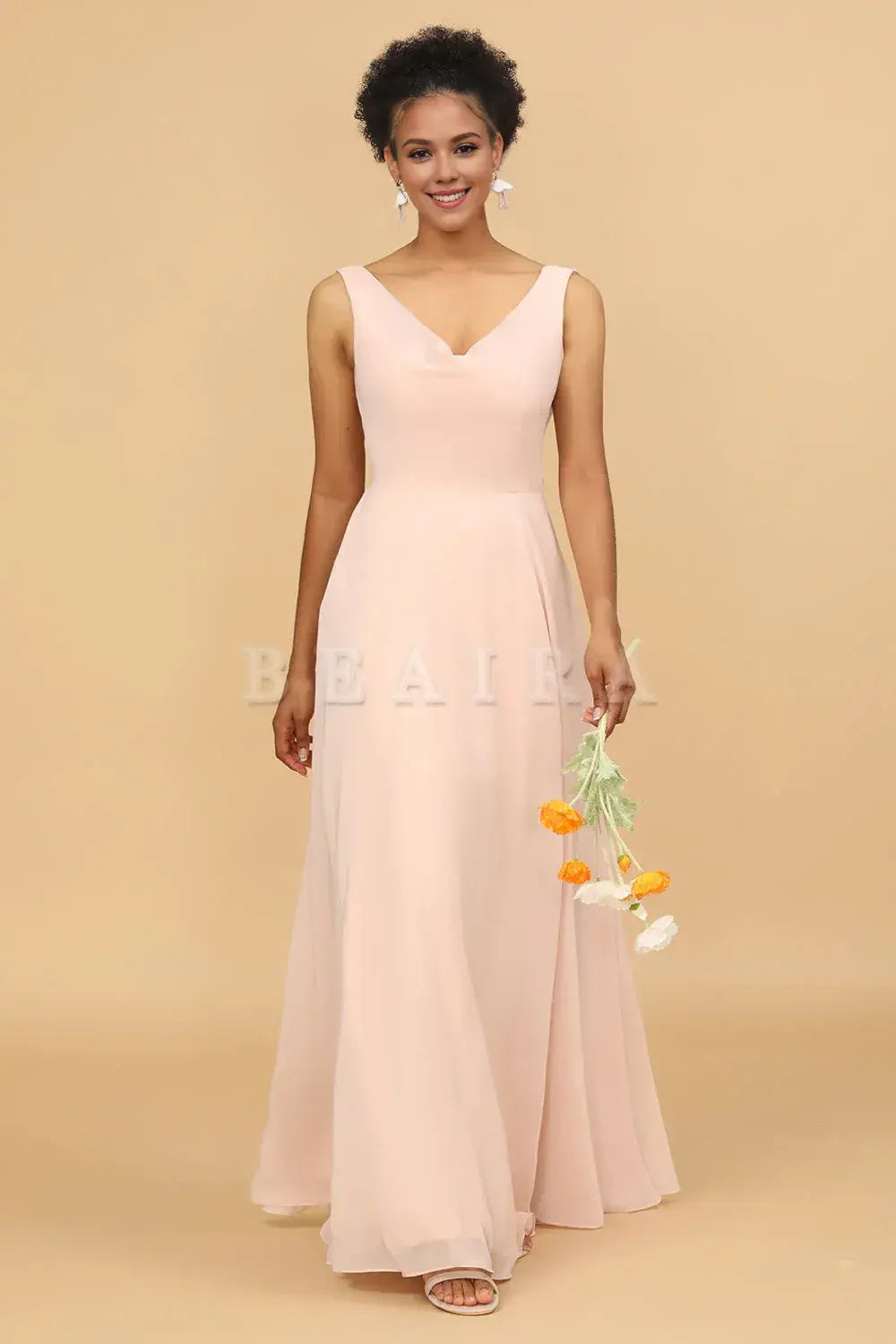Beaira Blush A Line V Neck Chiffon Long Bridesmaid Dress Bridesmaid dress shop