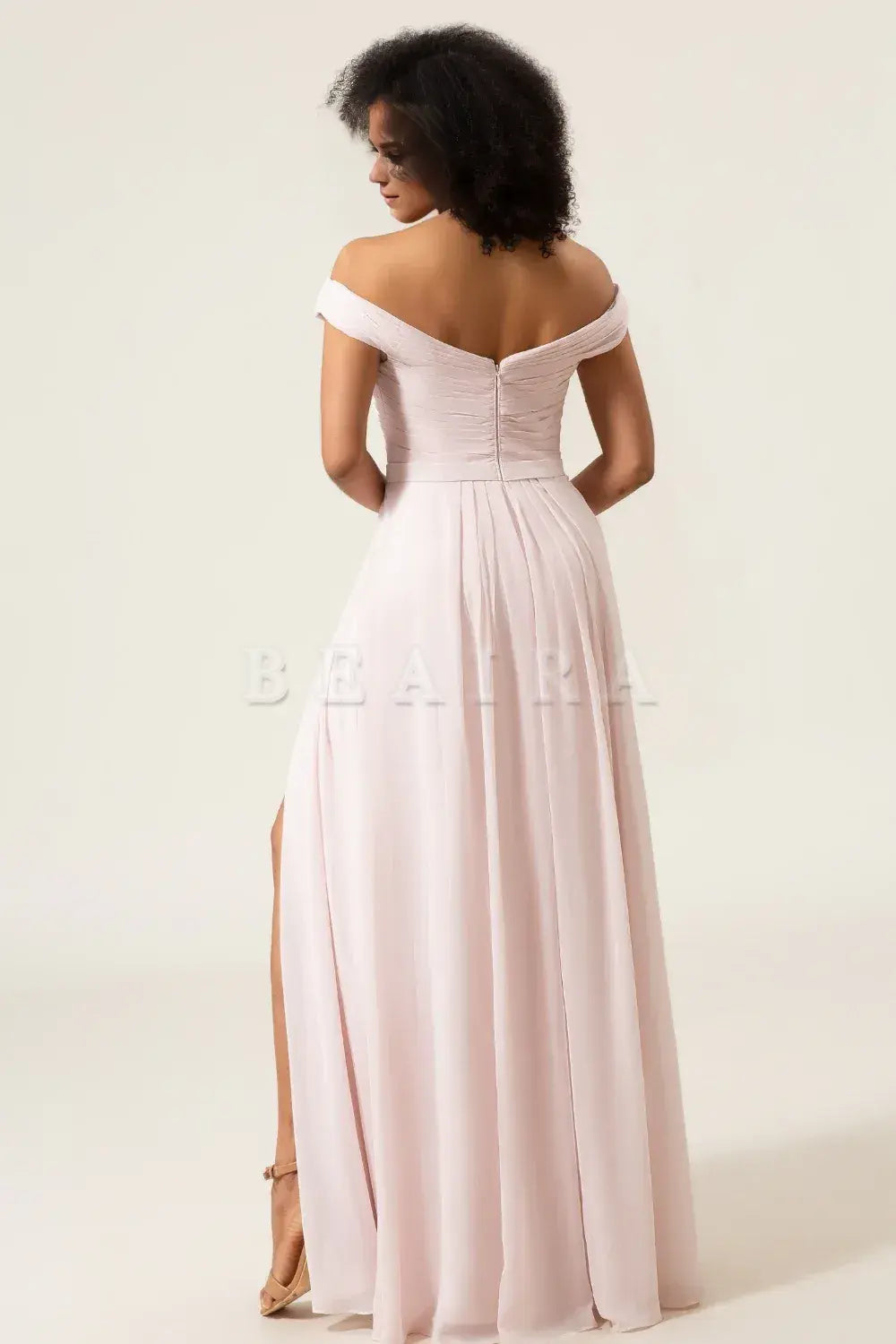 Beaira Blush Pink A-Line Off the Shoulder Chiffon Pleated Bridesmaid Dress with Slit Bridesmaid dress shop