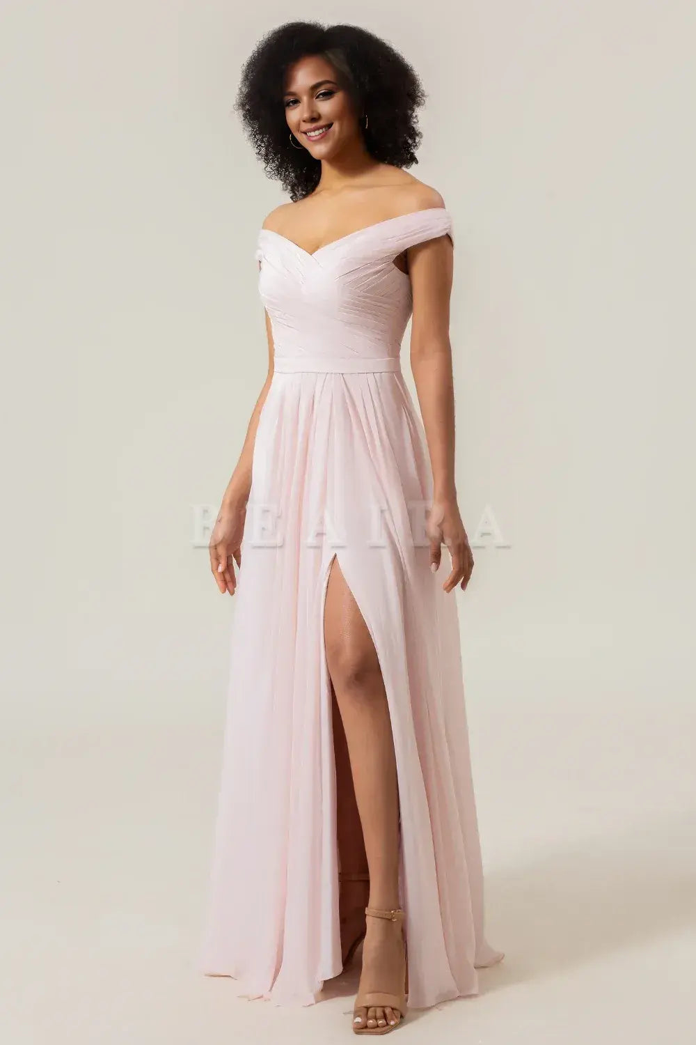 Beaira Blush Pink A-Line Off the Shoulder Chiffon Pleated Bridesmaid Dress with Slit Bridesmaid dress shop
