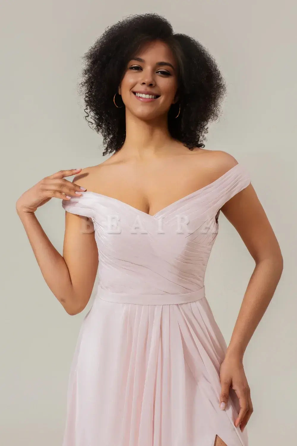 Beaira Blush Pink A-Line Off the Shoulder Chiffon Pleated Bridesmaid Dress with Slit Bridesmaid dress shop