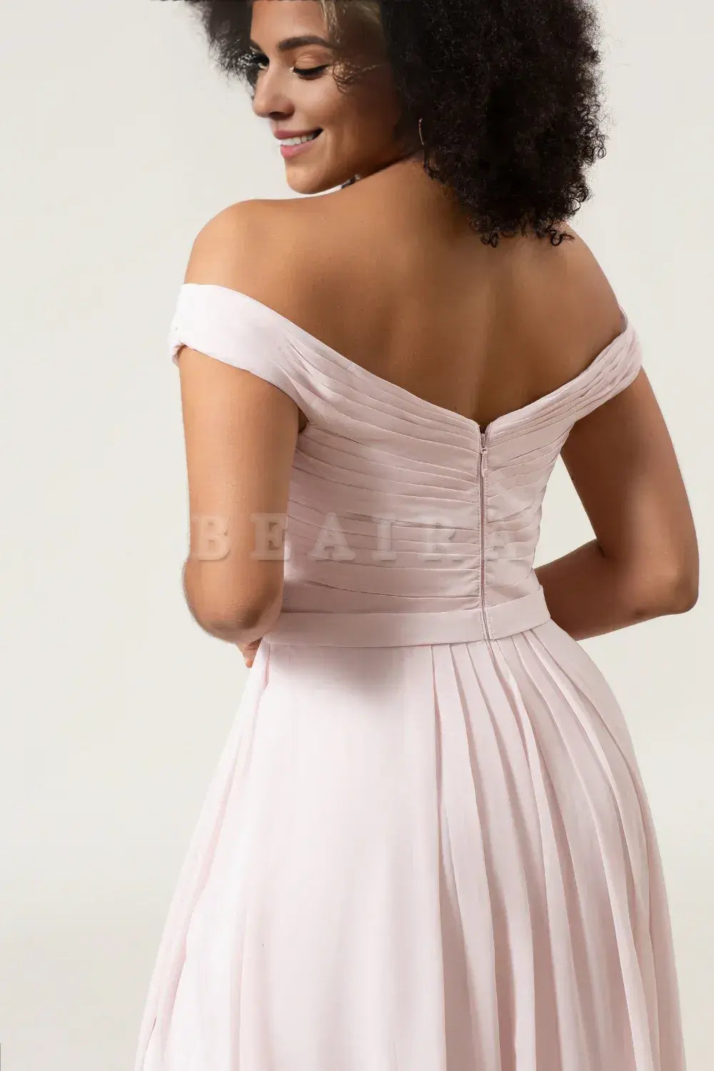 Beaira Blush Pink A-Line Off the Shoulder Chiffon Pleated Bridesmaid Dress with Slit Bridesmaid dress shop