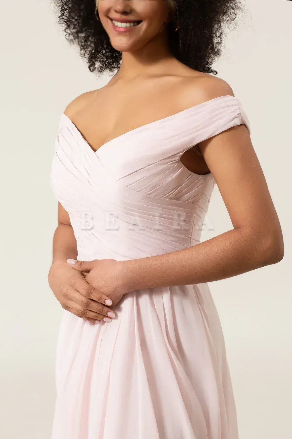 Beaira Blush Pink A-Line Off the Shoulder Chiffon Pleated Bridesmaid Dress with Slit Bridesmaid dress shop
