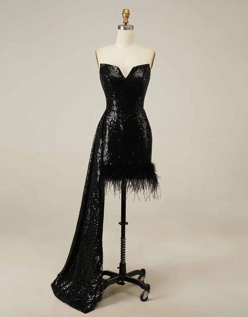 Bodycon Sequin Strapless Cute Short Homecoming Dress with Feather