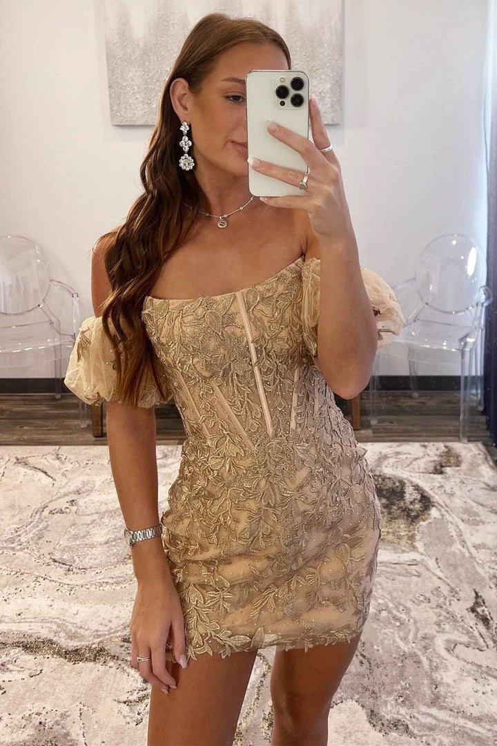 Bodycon Strapless Applique Lace Short/Mini Homecoming Dresses With Detachable Sleeves