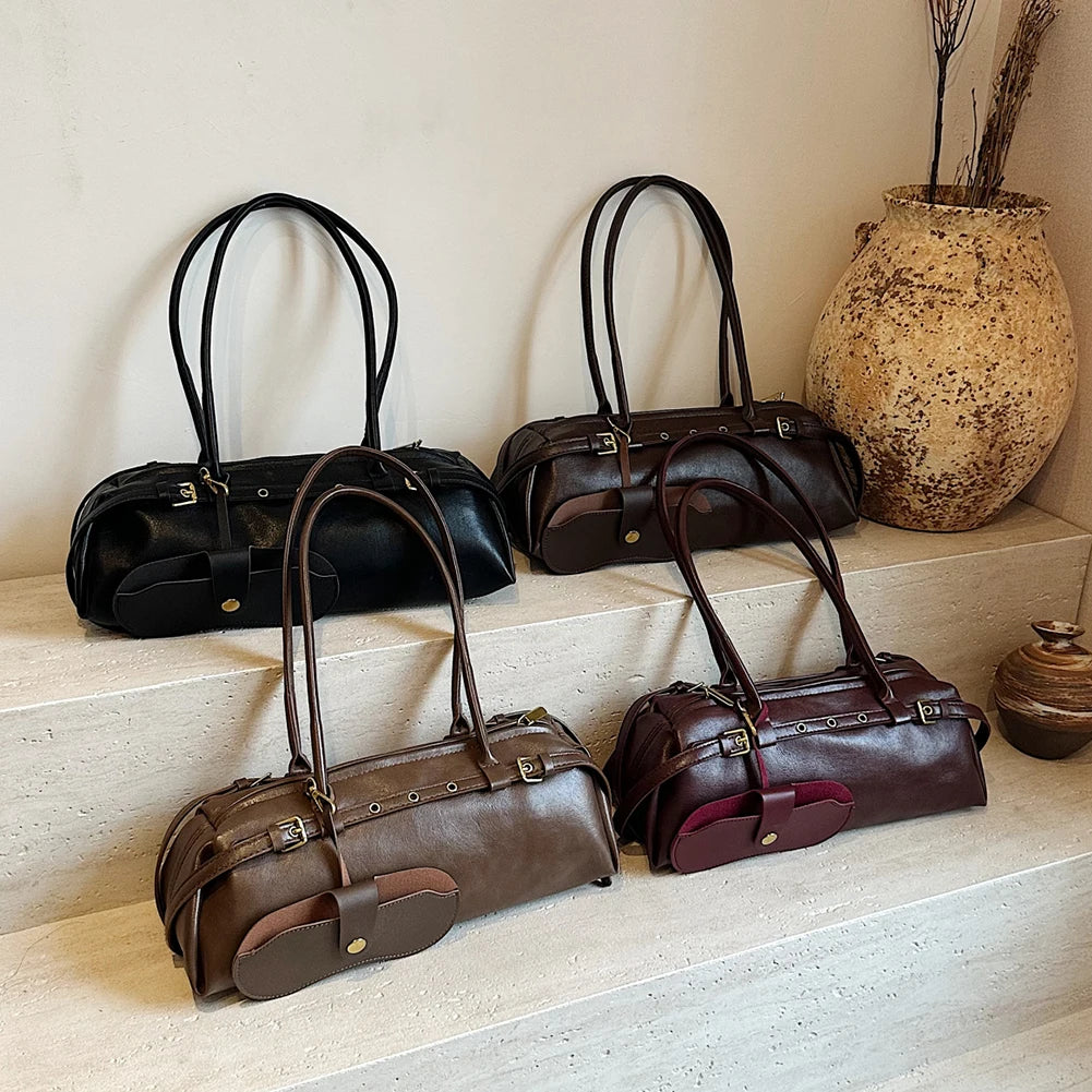 Beaira Boston Handbag for Women Solid Shoulder Bag PU Leather Casual Underarm Bag Retro Commuter Bag