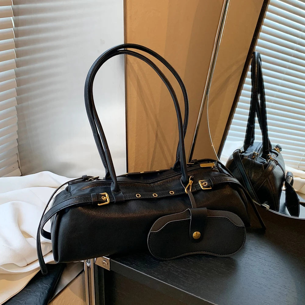 Beaira Boston Handbag for Women Solid Shoulder Bag PU Leather Casual Underarm Bag Retro Commuter Bag