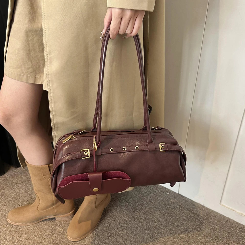 Beaira Boston Handbag for Women Solid Shoulder Bag PU Leather Casual Underarm Bag Retro Commuter Bag