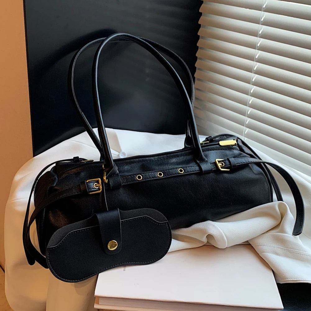 Beaira Boston Handbag for Women Solid Shoulder Bag PU Leather Casual Underarm Bag Retro Commuter Bag