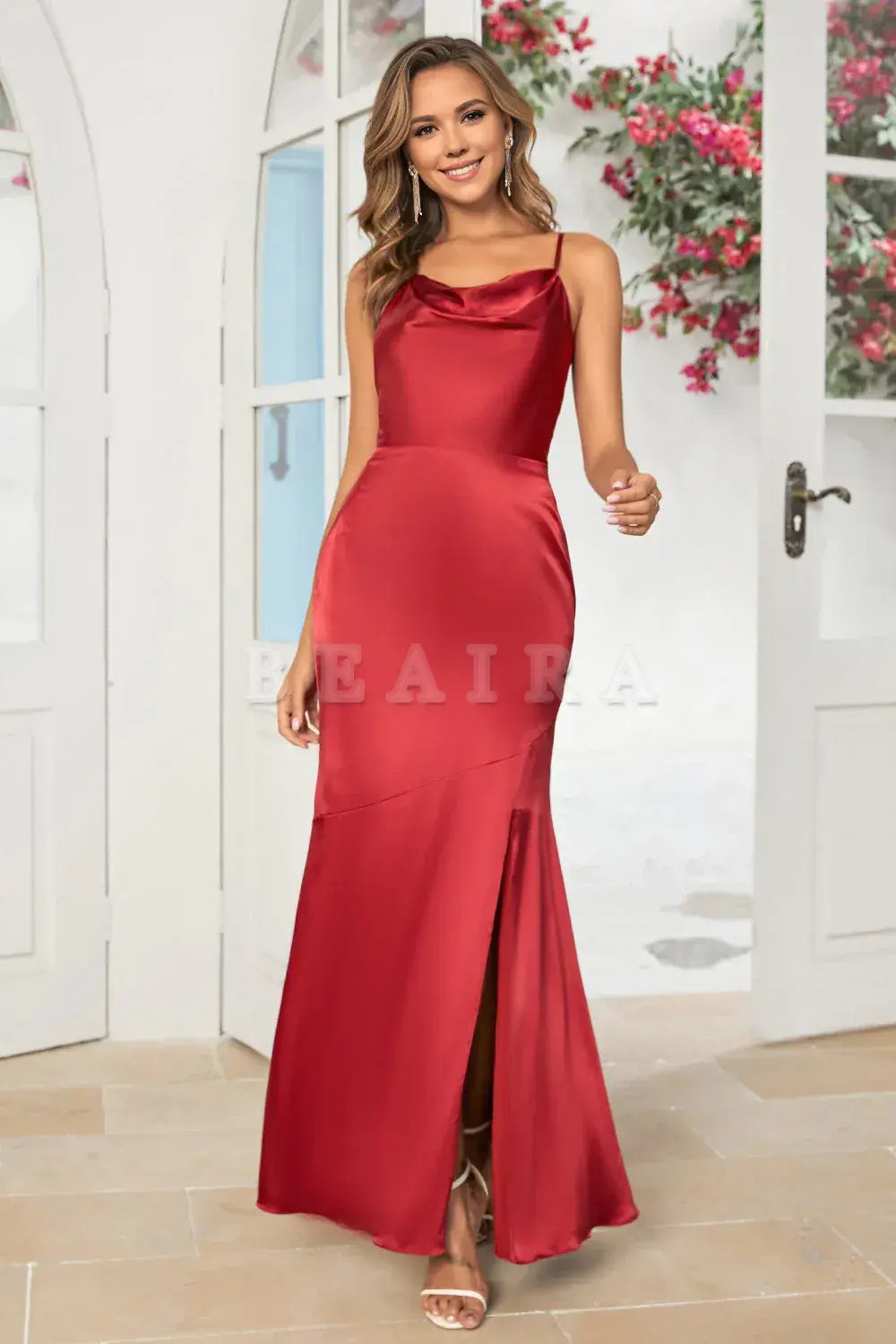 Beaira Burgundy Mermaid Spaghetti Straps Long Bridesmaid Dress with Slit Bridesmaid dress shop