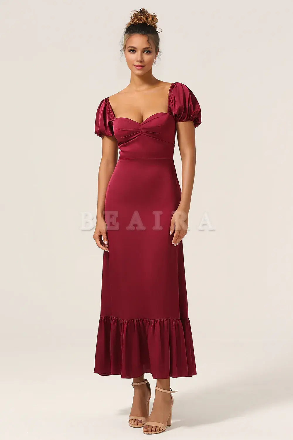 Beaira Burgundy Sheath Square Neck Tea-Length Satin Bridesmaid Dress with Ruffles Bridesmaid dress shop
