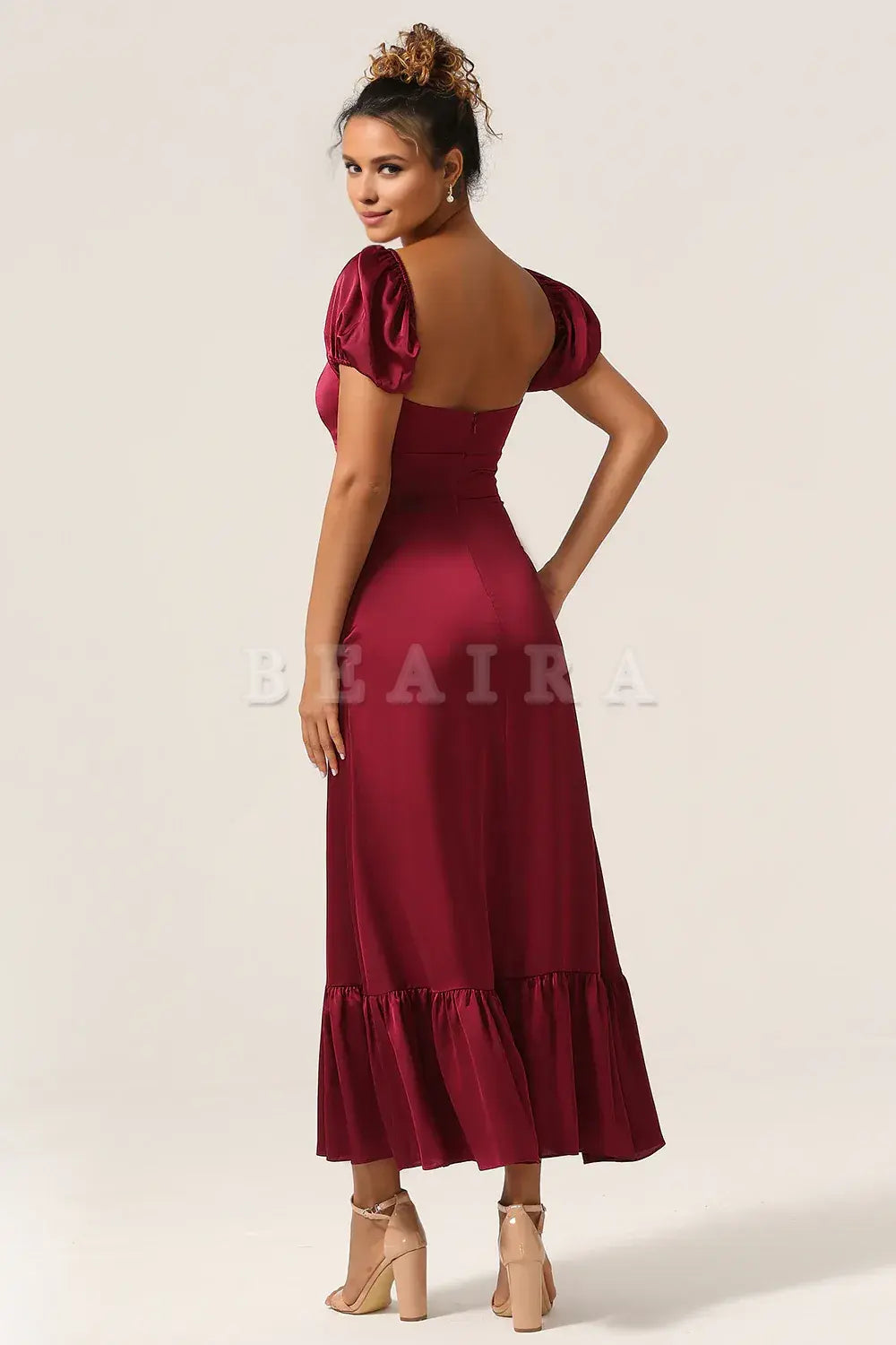 Beaira Burgundy Sheath Square Neck Tea-Length Satin Bridesmaid Dress with Ruffles Bridesmaid dress shop