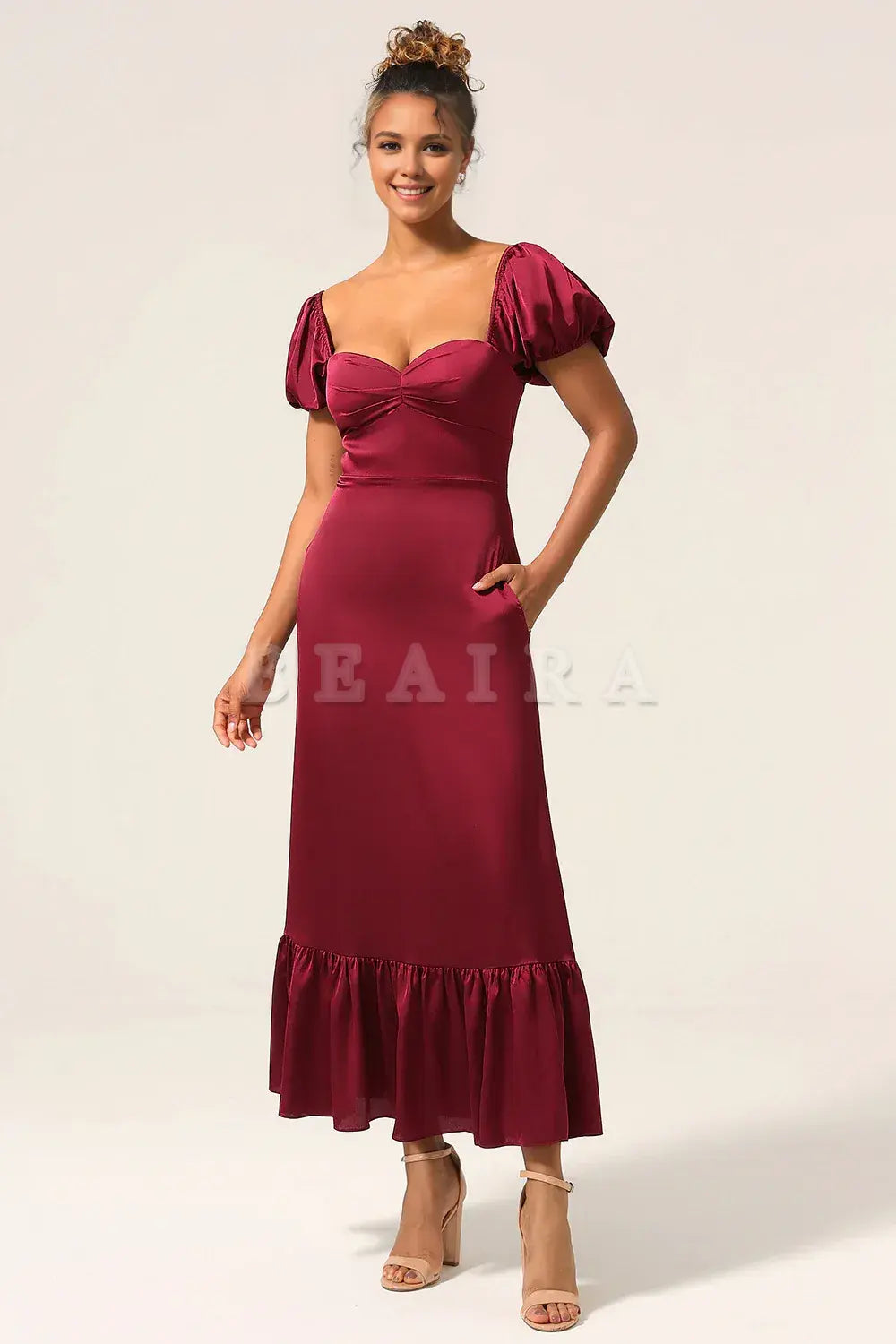 Beaira Burgundy Sheath Square Neck Tea-Length Satin Bridesmaid Dress with Ruffles Bridesmaid dress shop