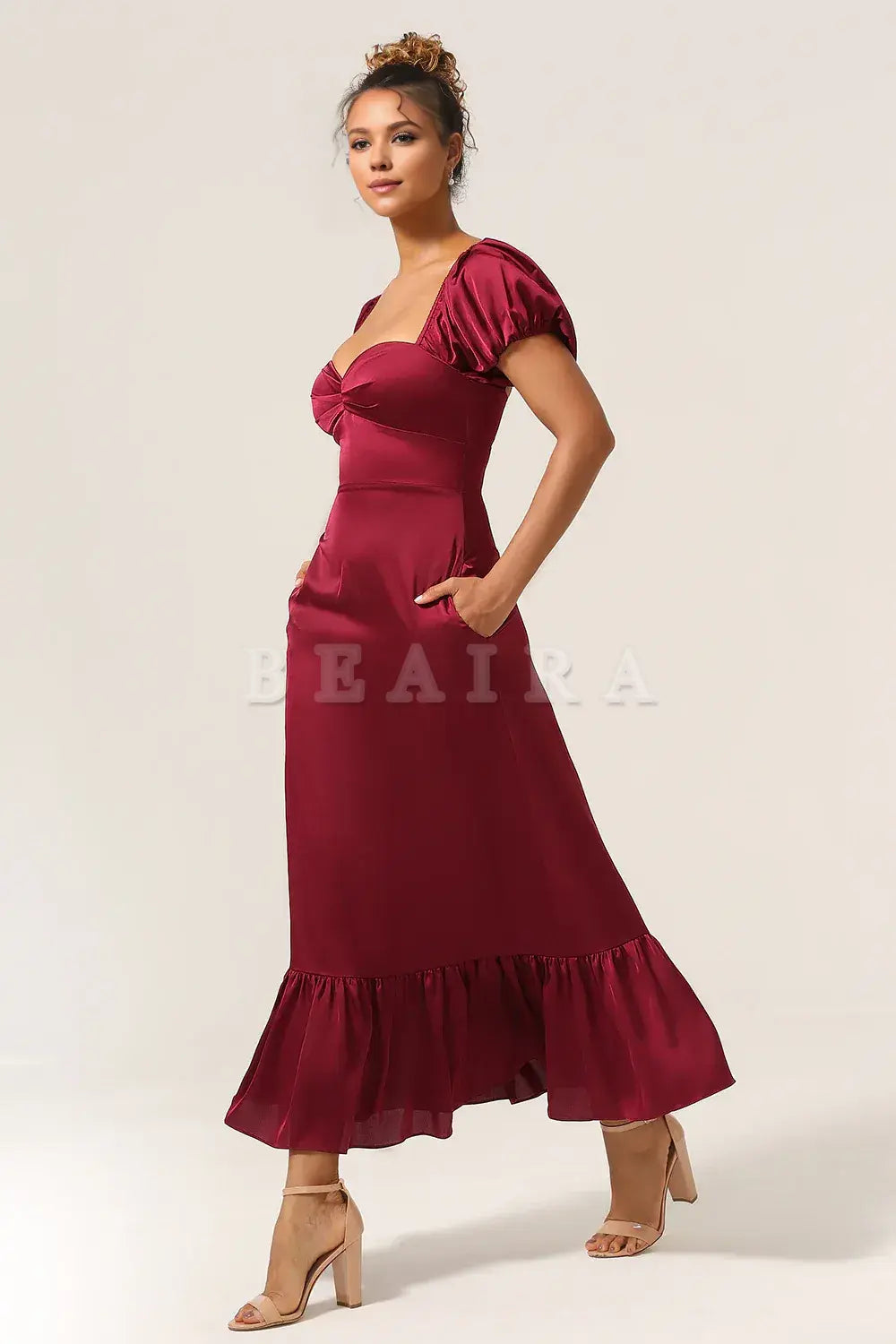 Beaira Burgundy Sheath Square Neck Tea-Length Satin Bridesmaid Dress with Ruffles Bridesmaid dress shop