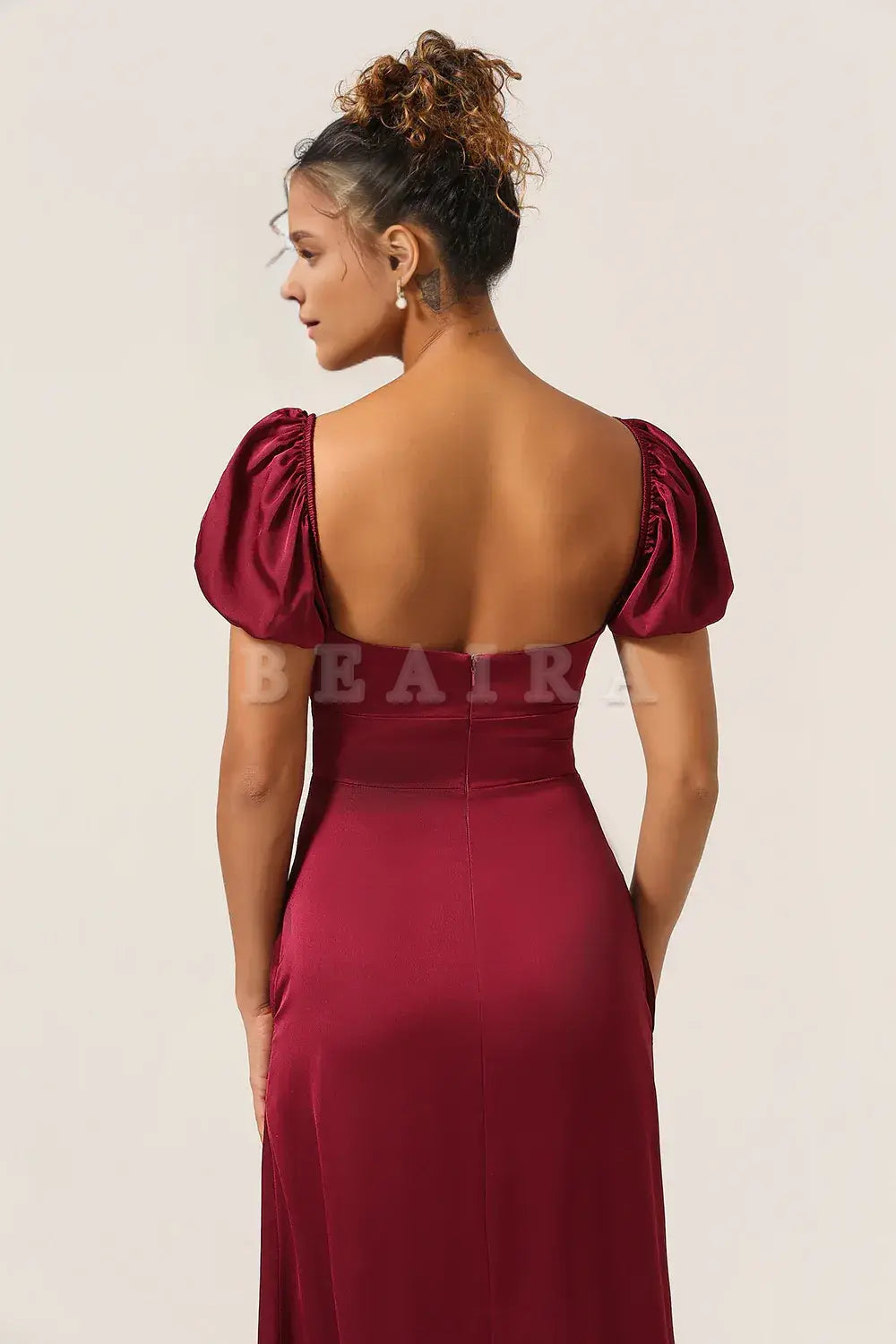 Beaira Burgundy Sheath Square Neck Tea-Length Satin Bridesmaid Dress with Ruffles Bridesmaid dress shop
