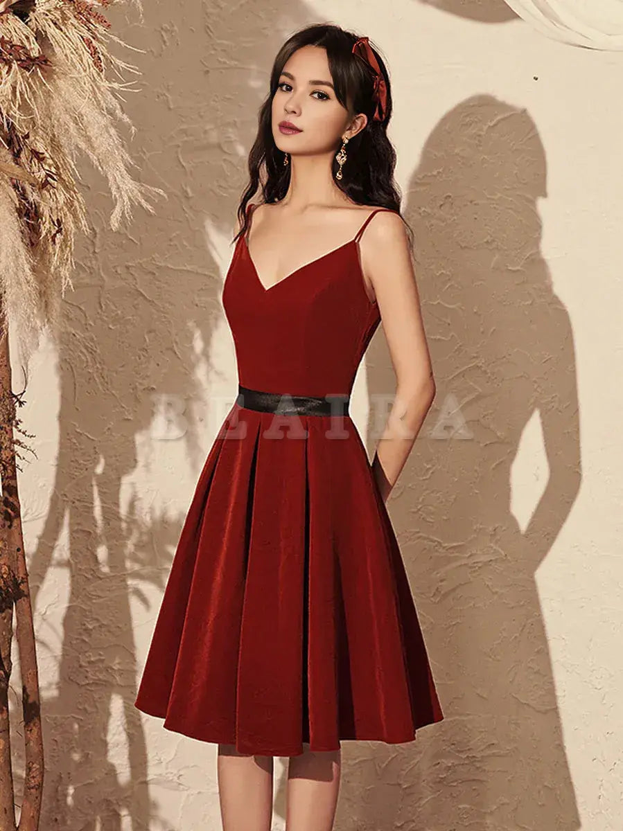 Beaira Burgundy velvet v neck short prom dress burgundy homecoming dress Bridesmaid dress shop