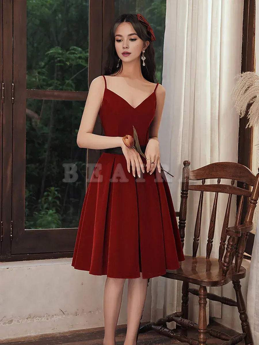 Beaira Burgundy velvet v neck short prom dress burgundy homecoming dress Bridesmaid dress shop