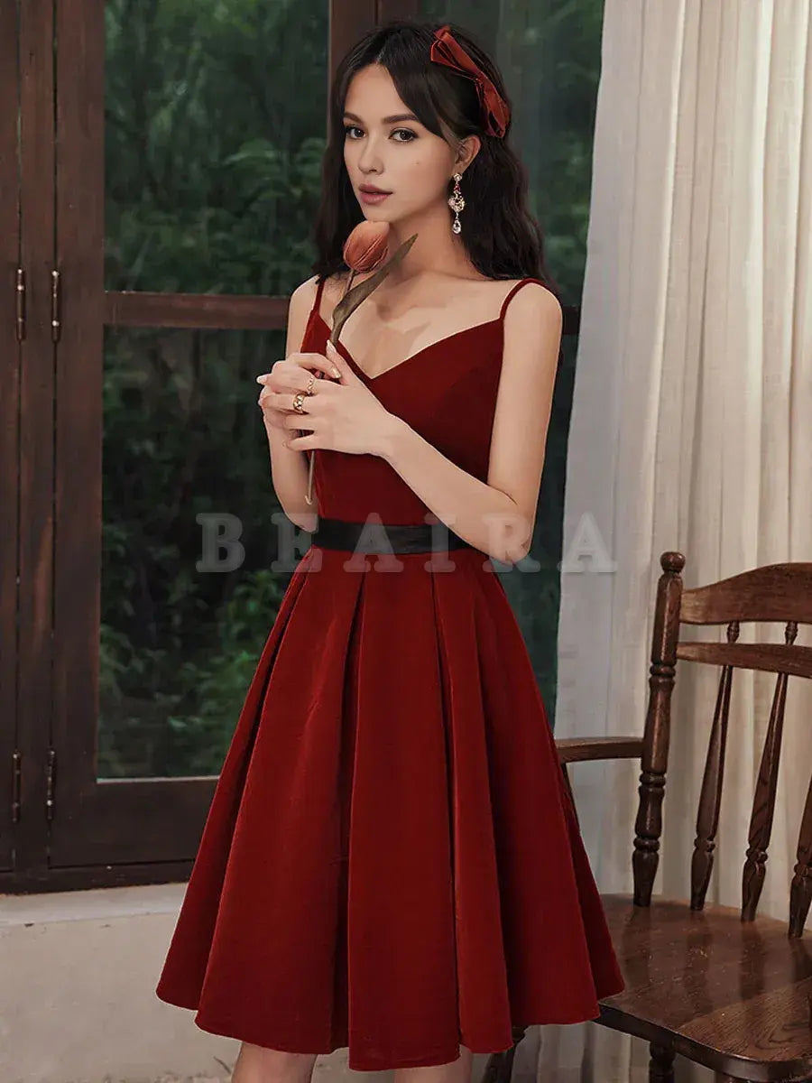 Beaira Burgundy velvet v neck short prom dress burgundy homecoming dress Bridesmaid dress shop