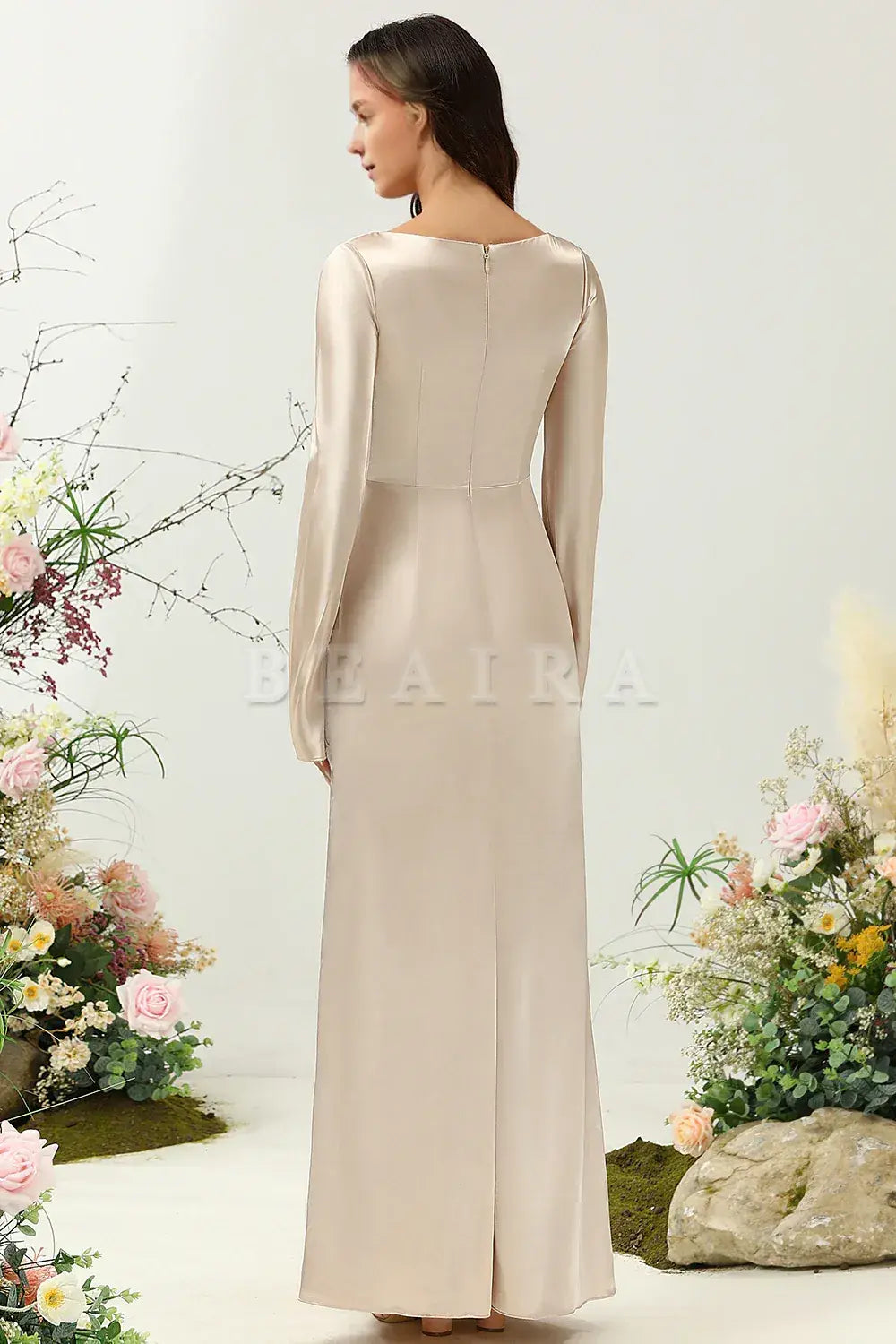 Beaira Champagne A Line V Neck Satin Bridesmaid Dress with Long Sleeves Bridesmaid dress shop