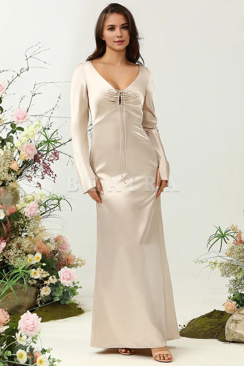 Beaira Champagne A Line V Neck Satin Bridesmaid Dress with Long Sleeves Bridesmaid dress shop