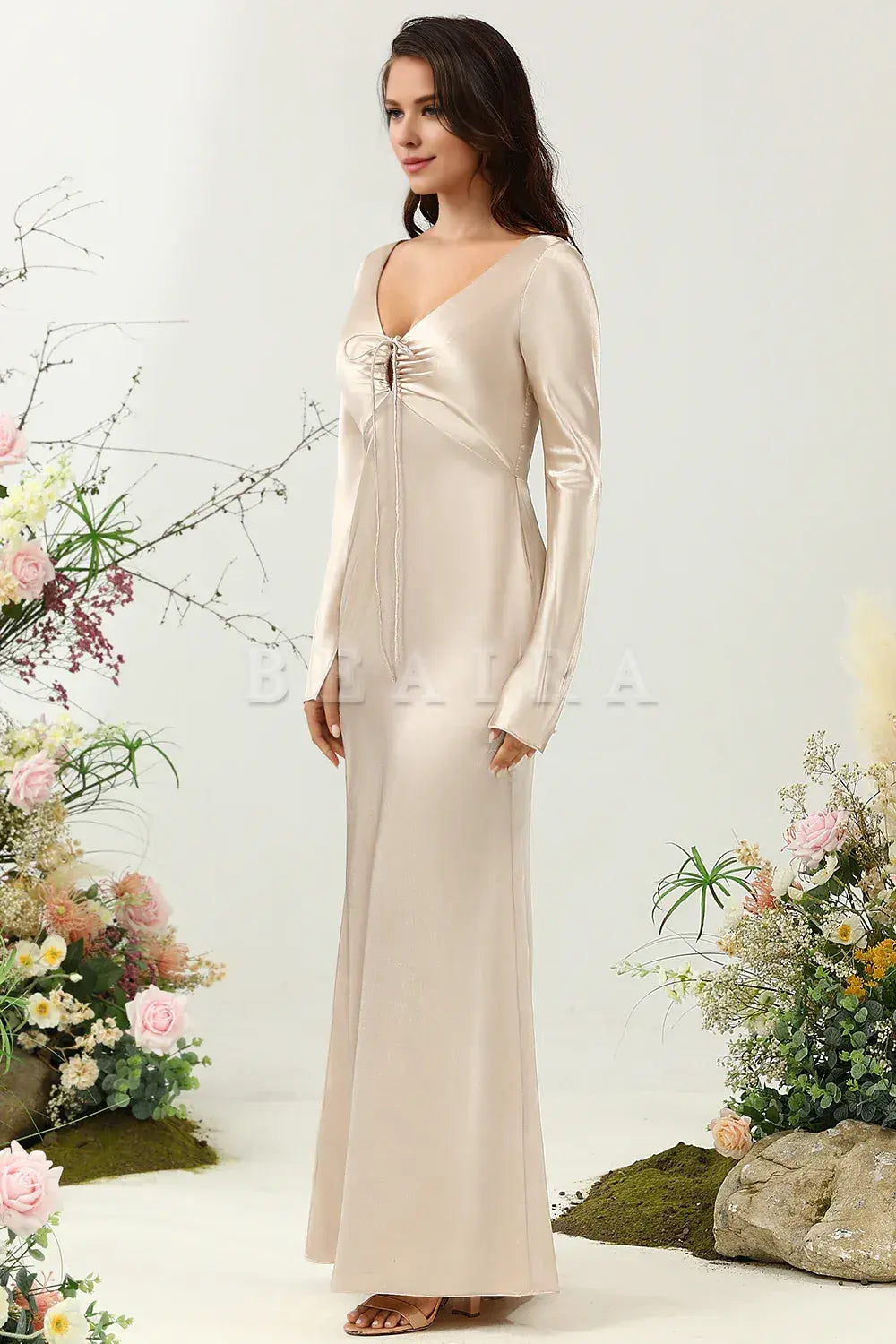 Beaira Champagne A Line V Neck Satin Bridesmaid Dress with Long Sleeves Bridesmaid dress shop