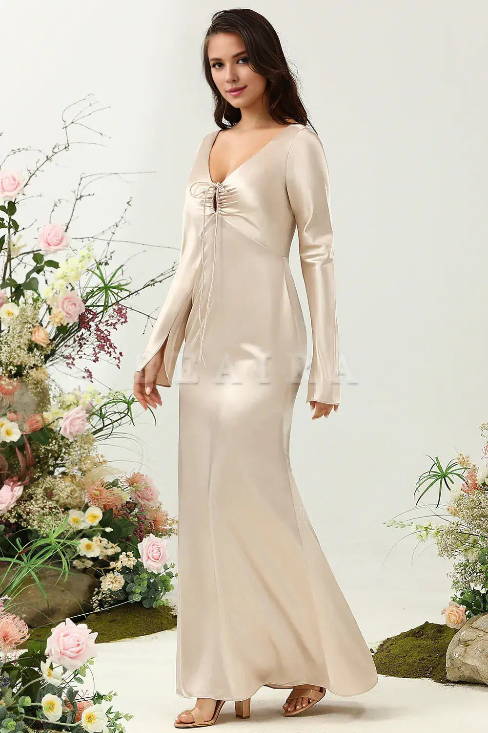 Beaira Champagne A Line V Neck Satin Bridesmaid Dress with Long Sleeves Bridesmaid dress shop