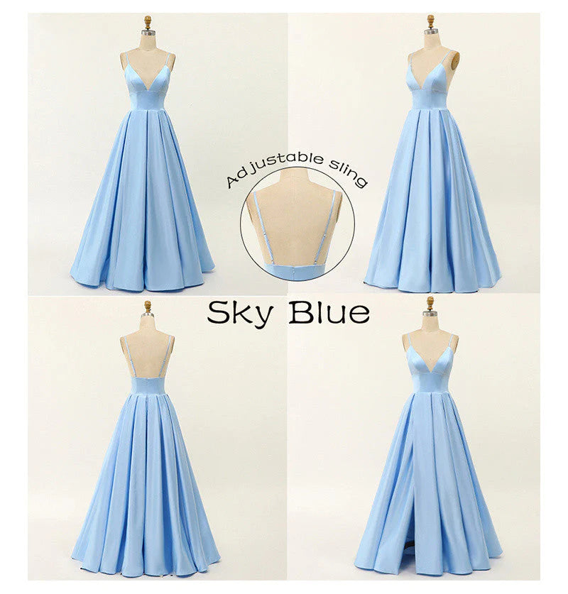 A Line Satin Spaghetti Straps V Neck Prom Dresses With Pockets High Slit Formal Dress