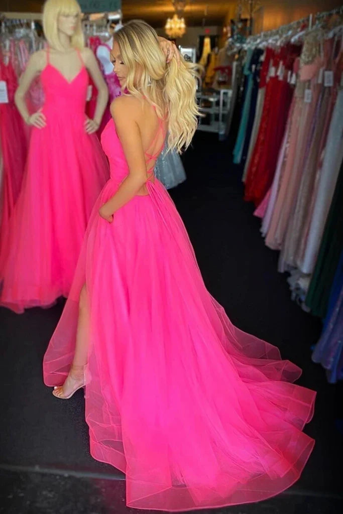 Cheap Backless Tulle Spaghetti Straps Long Prom Dresses With Split