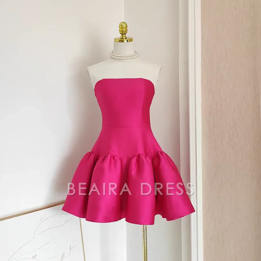 Beaira Cheap A line Strapless Hot Pink Satin Short Homecoming Dresses Birthday Outfits