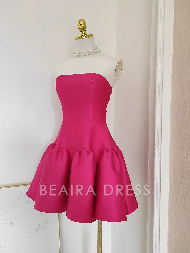 Beaira Cheap A line Strapless Hot Pink Satin Short Homecoming Dresses Birthday Outfits