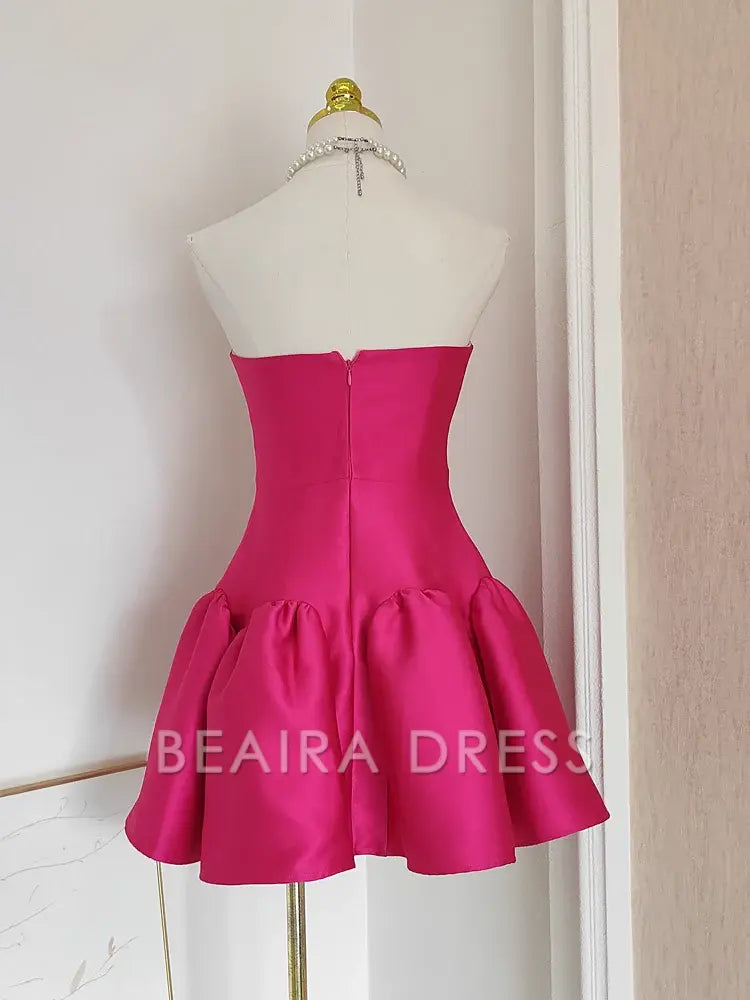Beaira Cheap A line Strapless Hot Pink Satin Short Homecoming Dresses Birthday Outfits