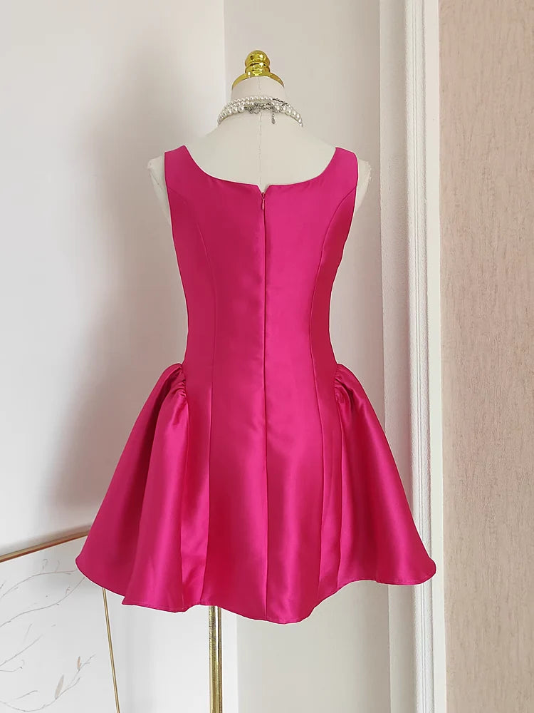 Beaira Cheap A line Straps Hot Pink Satin Short Homecoming Dresses Birthday Outfits