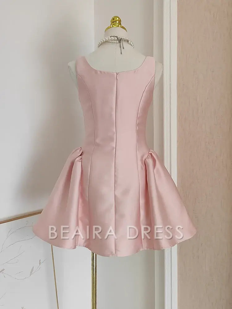 Beaira Cheap A line Straps Light Pink Satin Short Homecoming Dresses Birthday Outfits