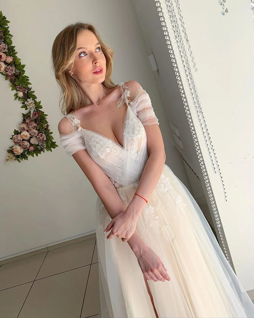 A Line Off The Shoulder Prom Dress With Appliques