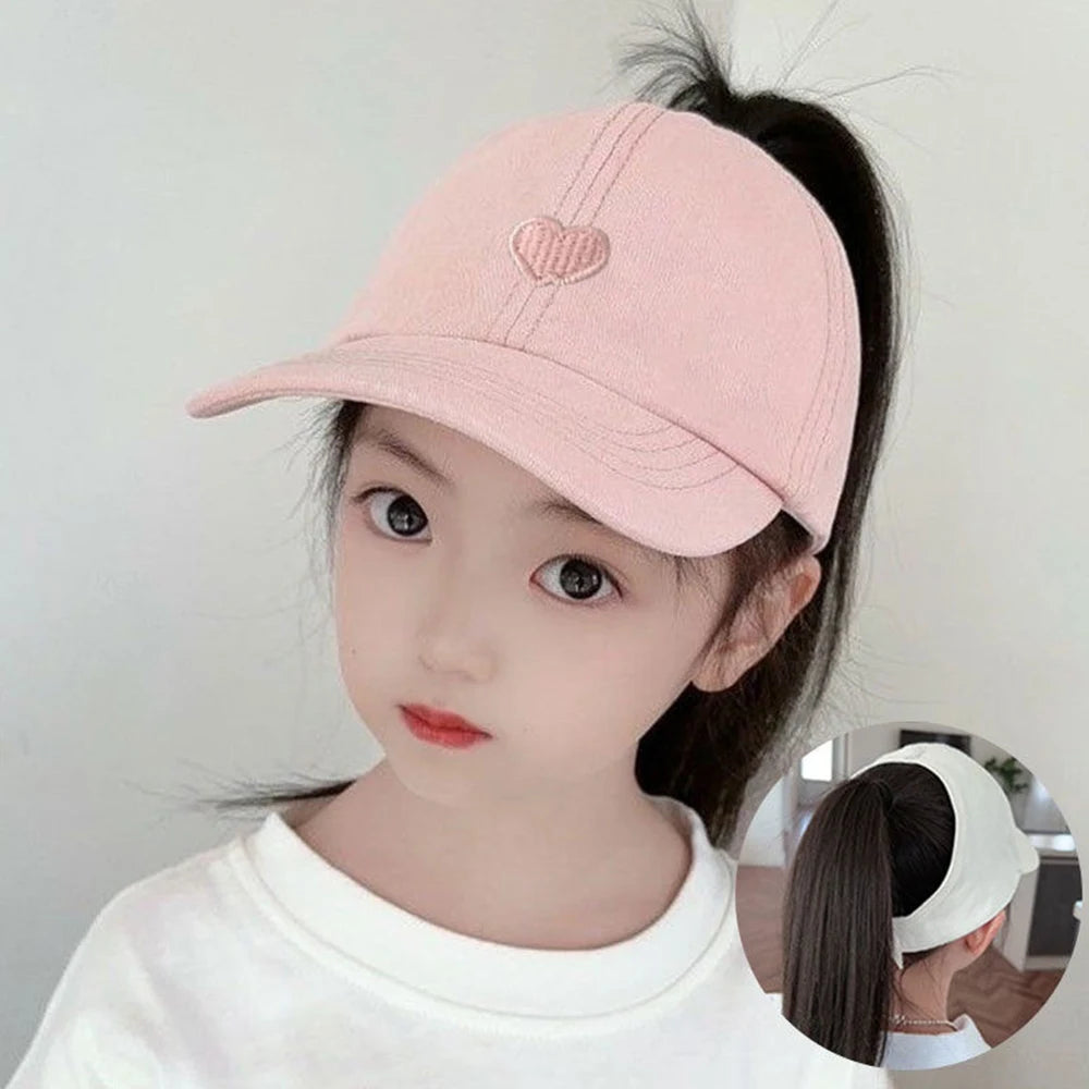Beaira Children Girls Ponytail Baseball Caps Sun Hats Baseball Caps Adjustable Solid Color Love Heart Designs Peaked Caps Hat