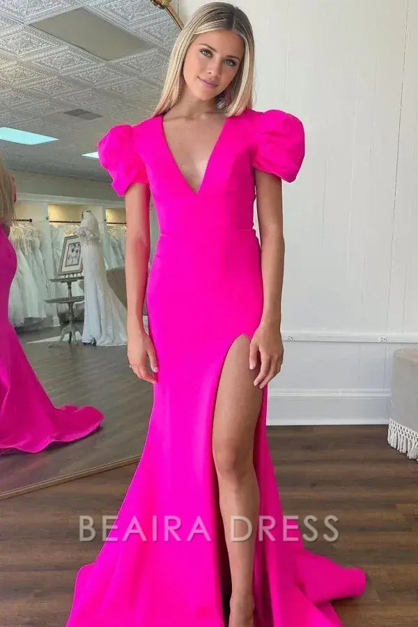 Beaira Classic & Modern Sheath V Neck Short Sleeves Open Back Black Prom Dress with High Side Slit and Train
