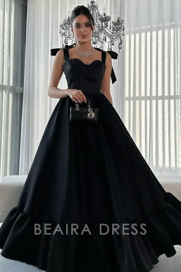 Beaira Classic & Simple A-Line Sweetheart Neck Straps Sleeveless Prom Party Dress Black Satin Floor Length Evenng Gown Wedding Guest Dress