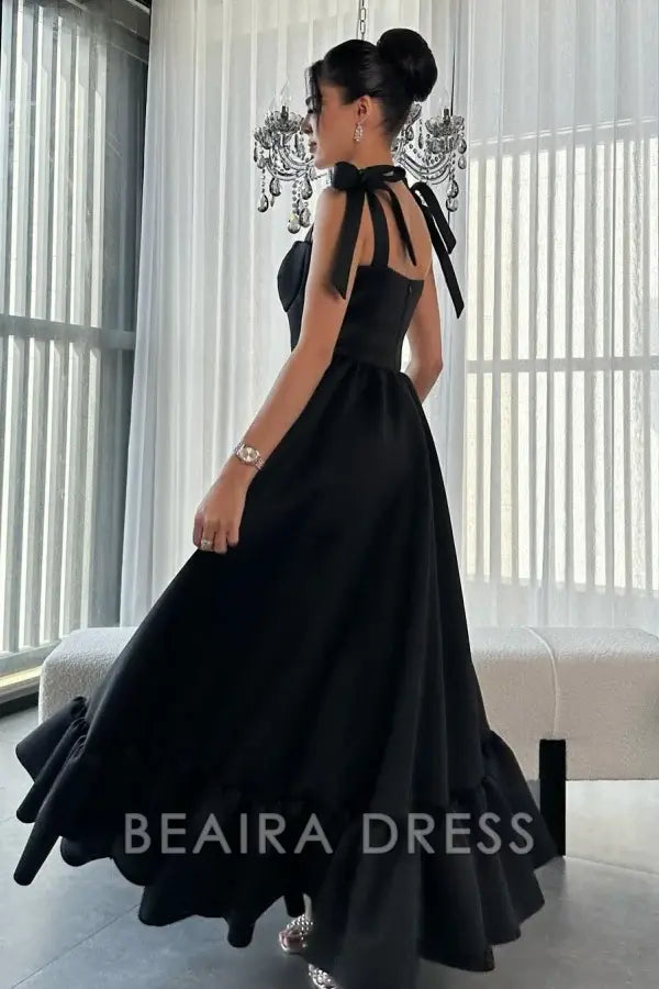 Beaira Classic & Simple A-Line Sweetheart Neck Straps Sleeveless Prom Party Dress Black Satin Floor Length Evenng Gown Wedding Guest Dress
