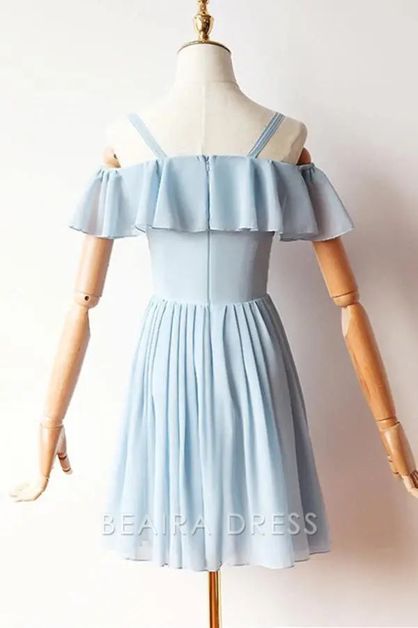 Beaira Cold Sleeves Short Prom Dress Blue Chiffon Homecoming Dress formal wear dresses